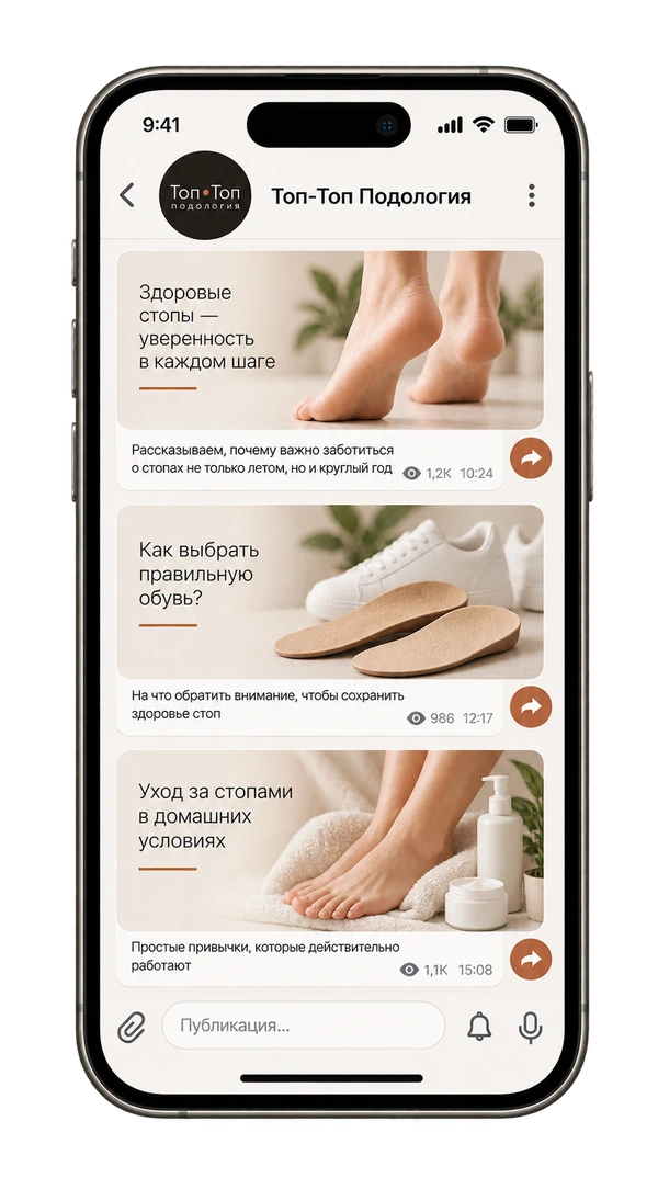 Канал Топ-Топ Подологии в Telegram на экране телефона